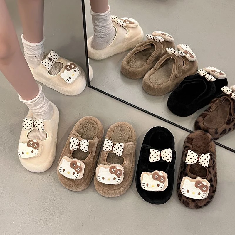 【吐司】可爱凯蒂猫蝴蝶结毛毛拖鞋女外穿秋冬厚底增保暖包头棉拖鞋