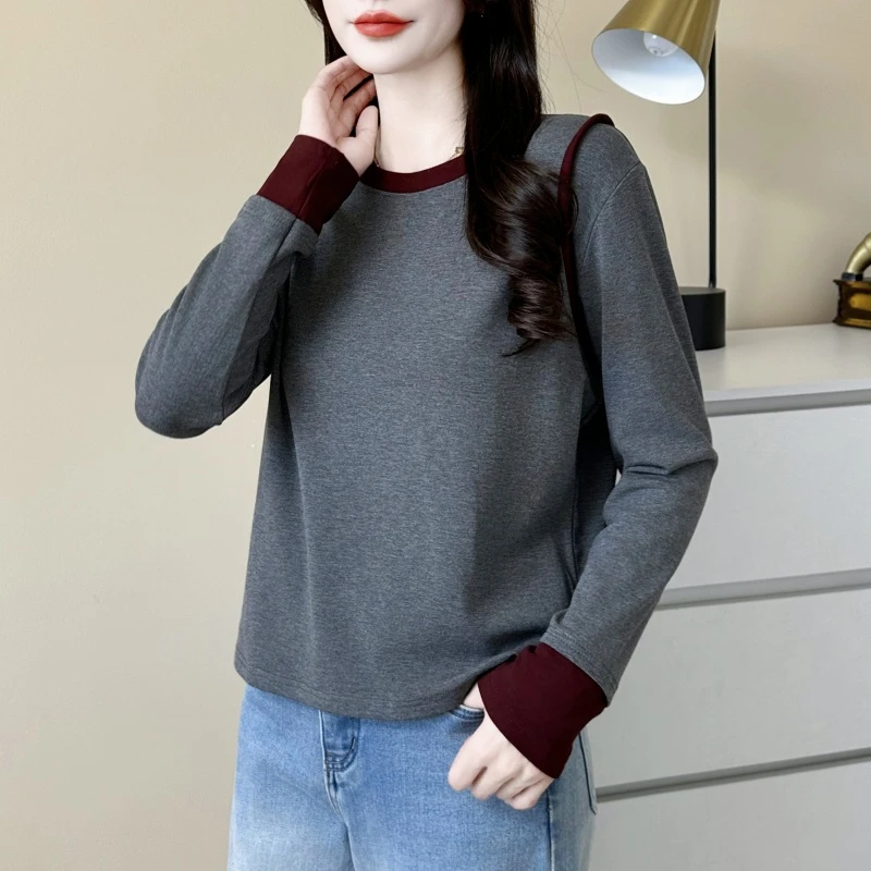 假两件高级感长袖t恤女打底衫2025秋冬新款撞色宽松显瘦遮肚上衣