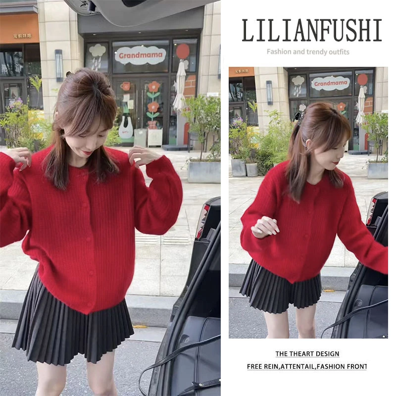 韩系穿搭2025秋季新款宽松纯色长袖针织开衫显瘦百褶短裙两件套女