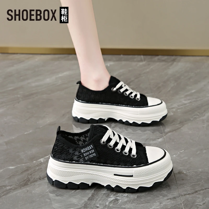 SHOEBOX鞋柜爆款帆布鞋女2025新款厚底松糕小白鞋单网休闲板鞋