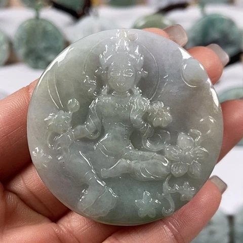翡翠颈饰未镶嵌山水观音两面工福利翡翠