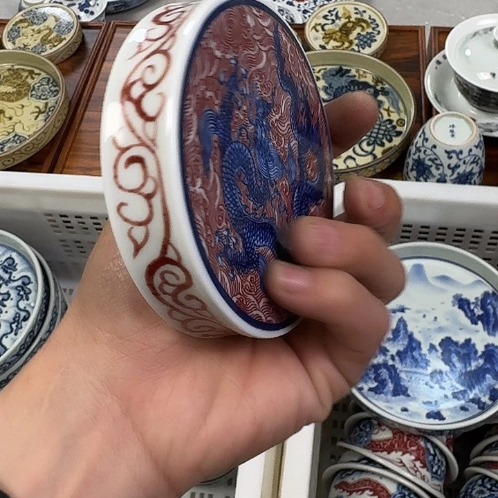 瓷片釉里红海水龙杯垫