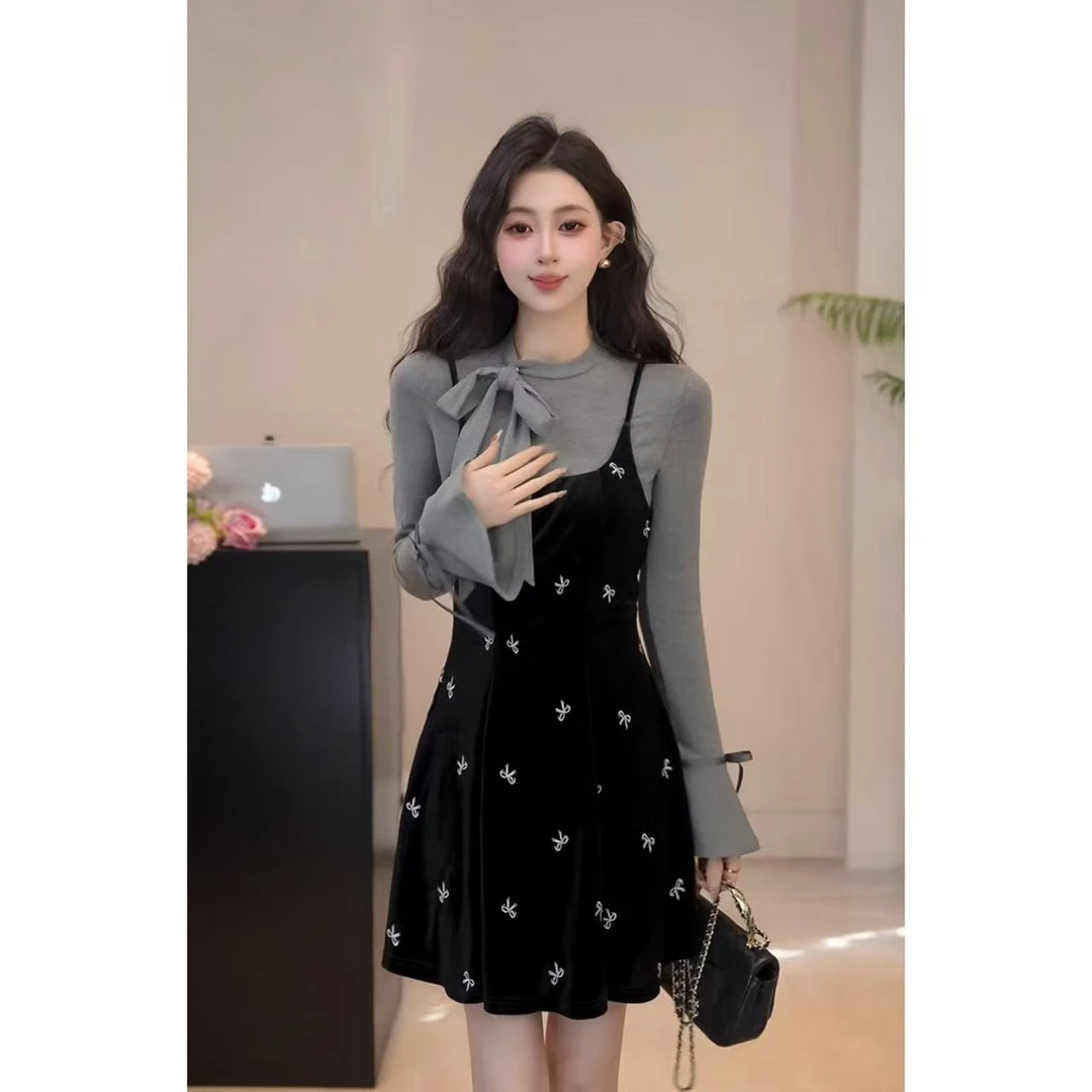 YUANLIANSU/圆脸酥【金秋物语】法式蝴蝶结打底衫+蝴蝶结吊带裙套装