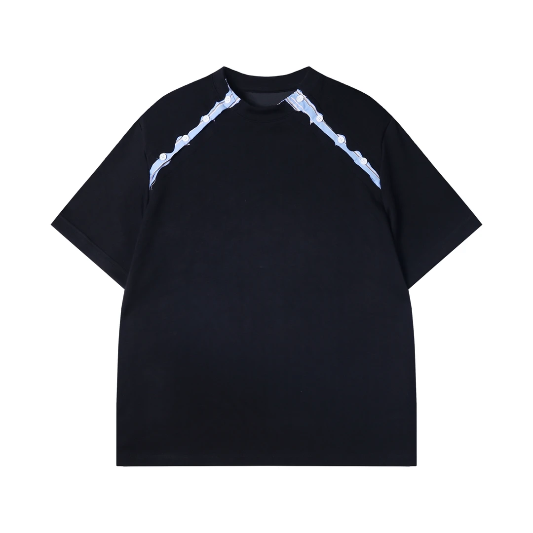 夏季高级感新款美式拼接衬衫纽扣圆领短袖T恤小众设计百搭上衣