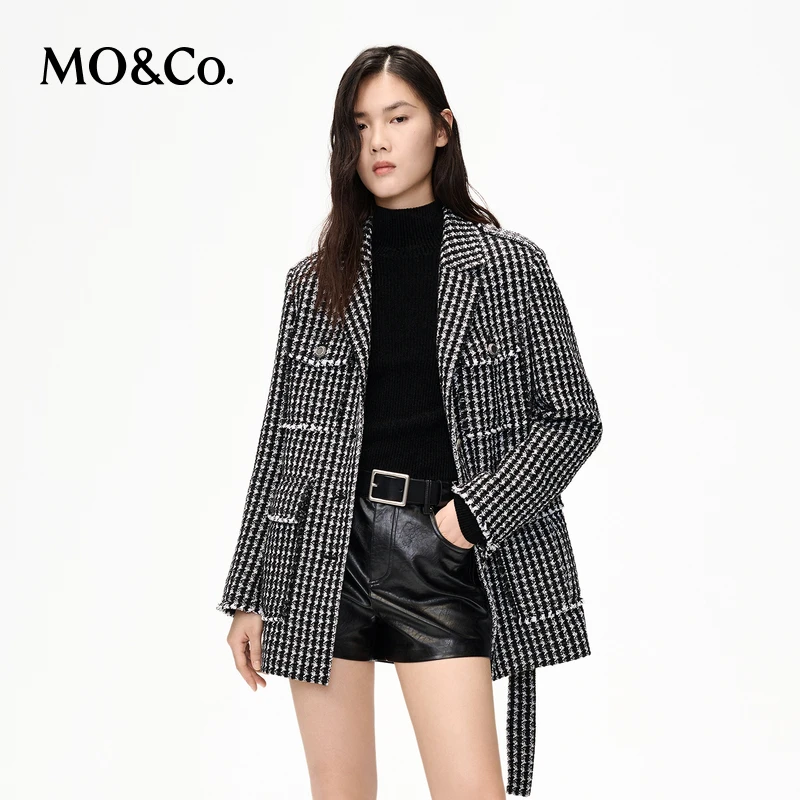 MOCO冬季小香风千鸟格编织工装口袋垫肩腰带外套MBC4COT022