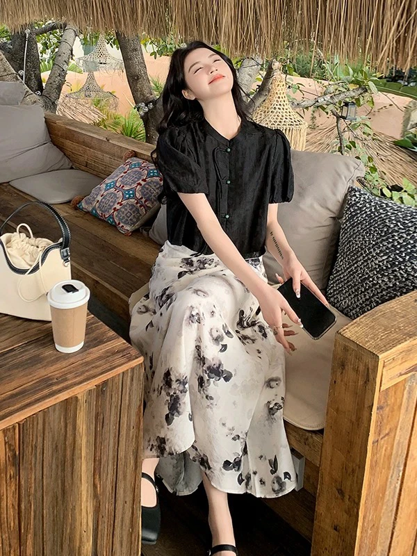 【4516】新中式国风套装裙国风晕染气质两件套