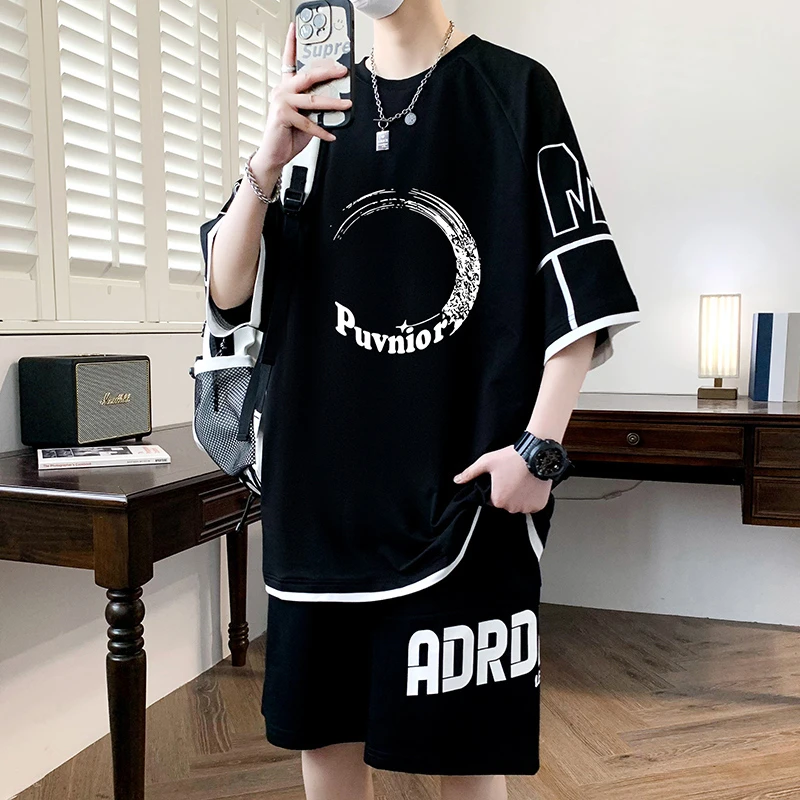 休闲运动套装男夏季新款大码宽松冰丝短袖t恤短裤搭配帅气一整套