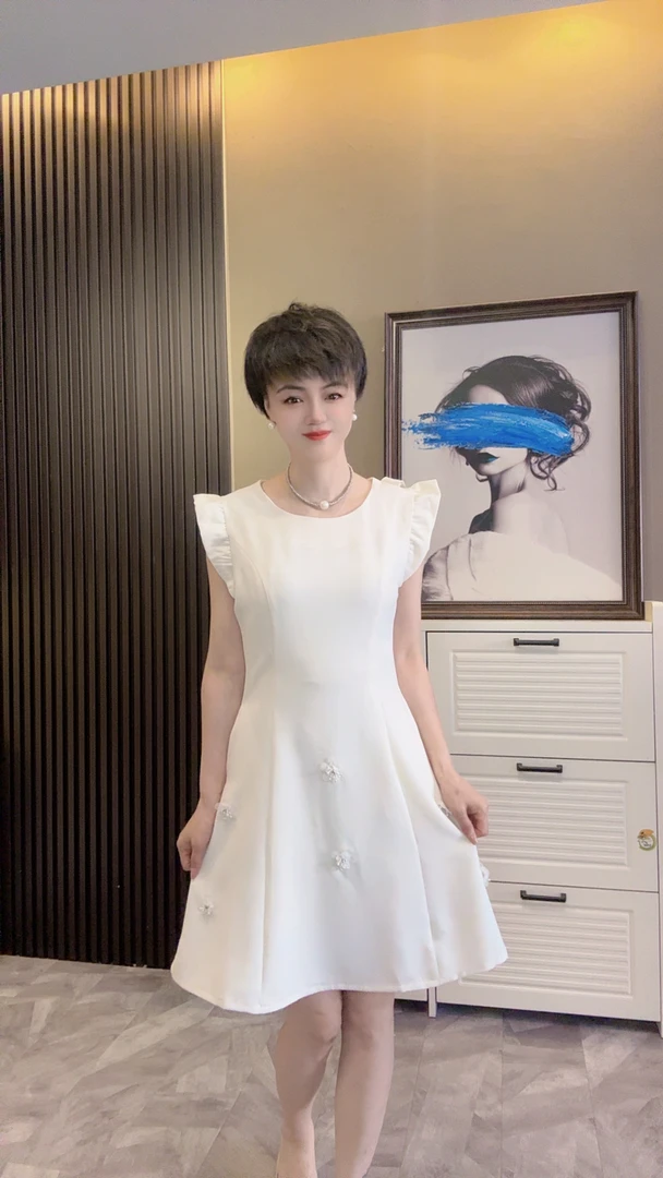 欧式夏季飞袖宽松腰法式显瘦百搭连衣裙6809