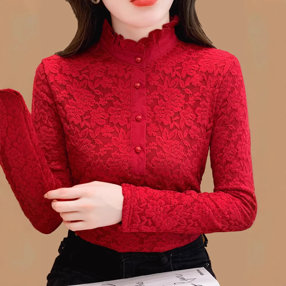 加绒加厚半高领蕾丝打底衫女秋冬洋气内搭加大码保暖红色上衣