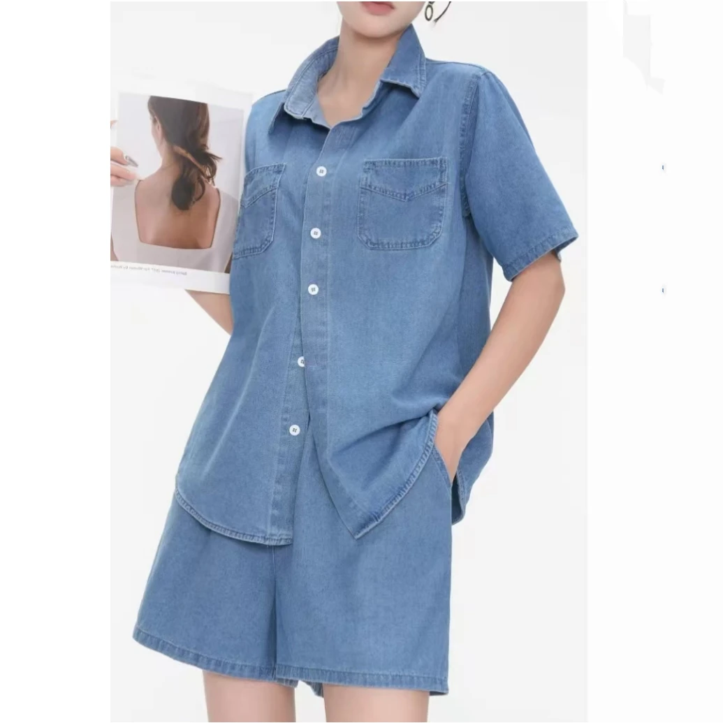 厂家自销福利价牛仔套装夏季设计感小众衬衣港风蓝色上衣宽松休闲