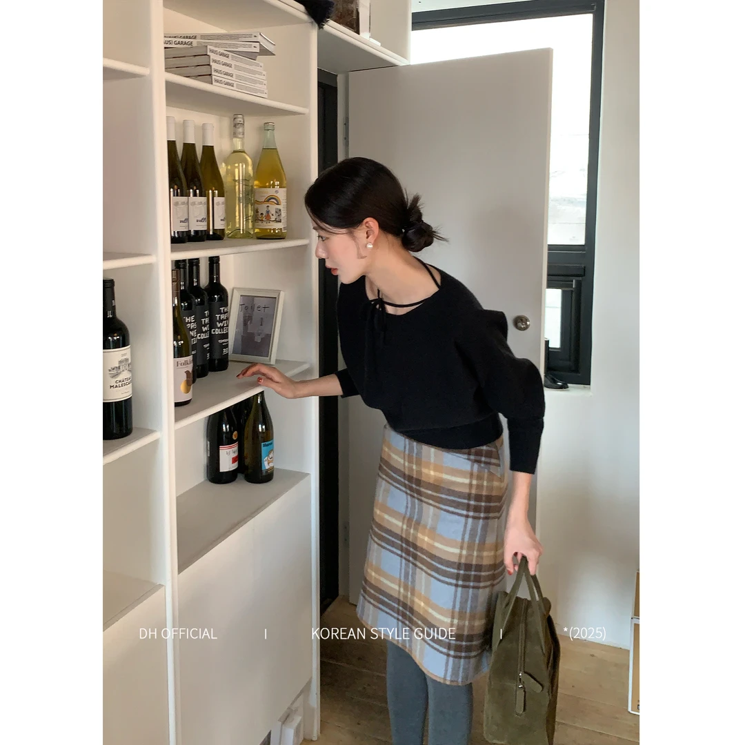DH 大花【薄雾记事本 skirt】秋冬复古格纹女优雅显瘦百搭毛呢裙