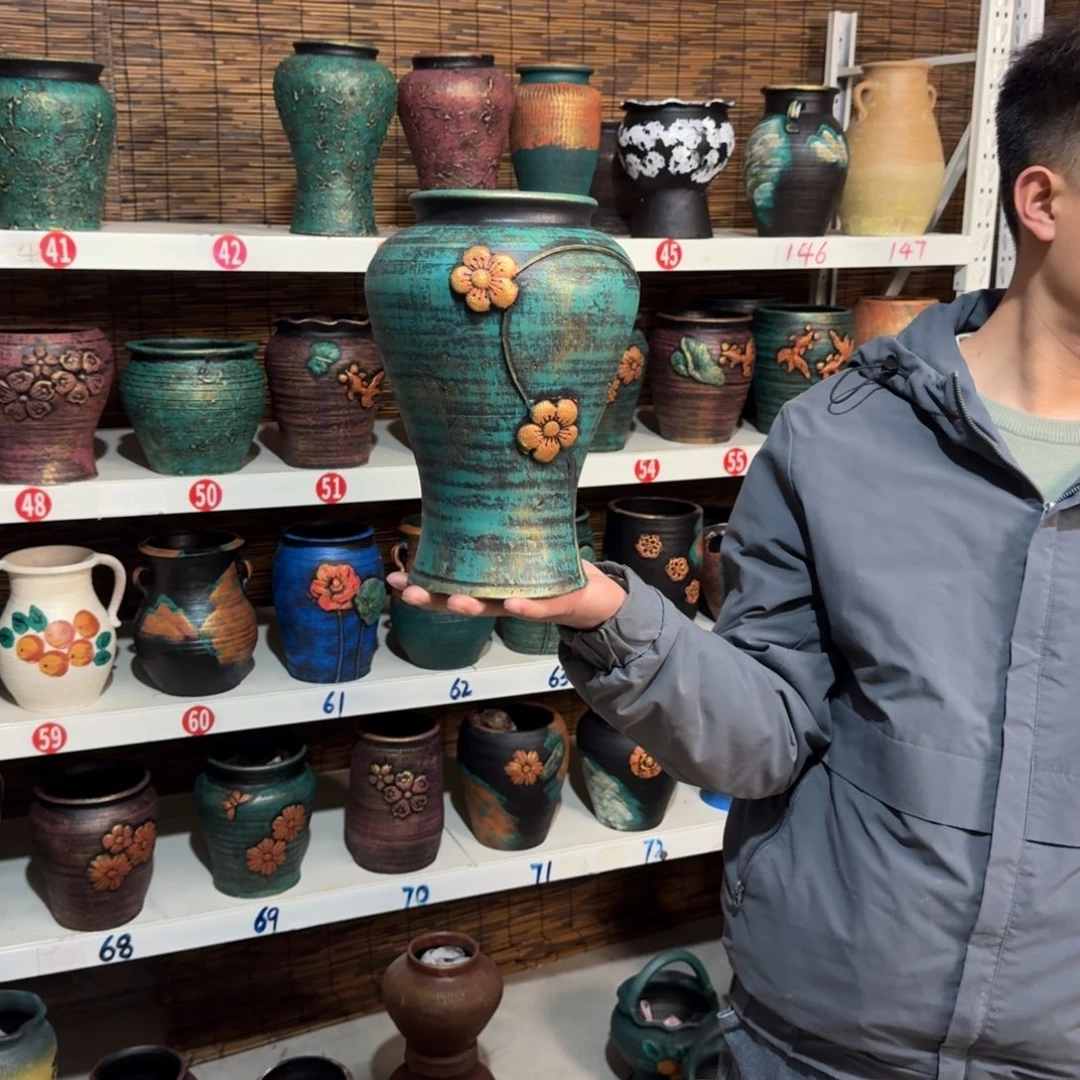 红陶红陶浮雕花盆炸炸炸