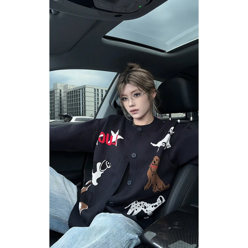 复古趣味小狗毛衣开衫男女2025秋季外套慵懒风线衫情侣针织衫上衣
