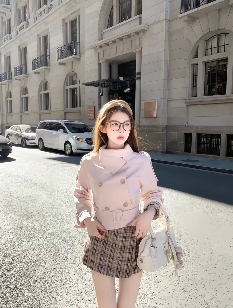 伦敦周末 秋季新款甜美可爱立领风衣外套高级设计感收腰短裙套装