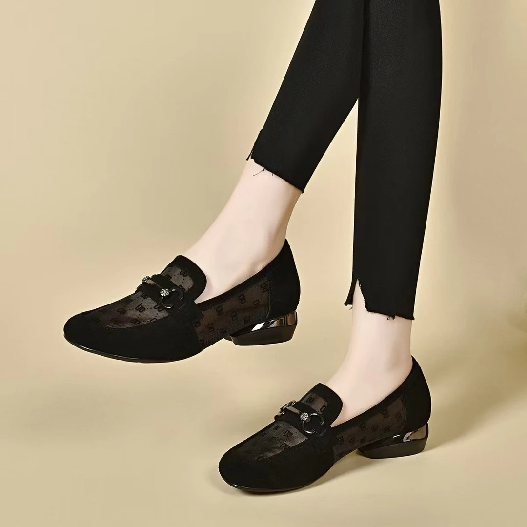 单鞋女2025年新款夏季镂空网纱时尚女鞋低跟软底豆豆鞋透气乐福鞋