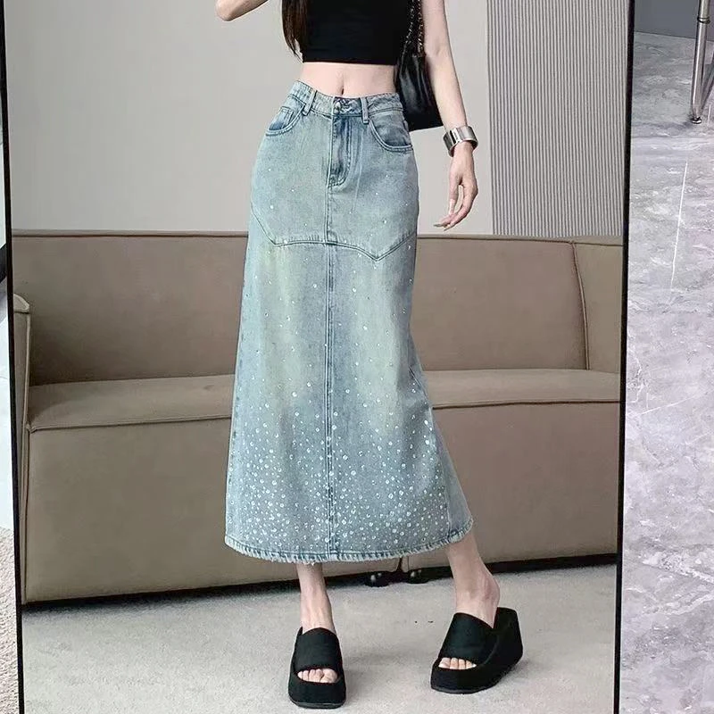 W3979 王仙女 收腰显瘦重工烫钻中长款开叉牛仔裙气质直筒半身裙