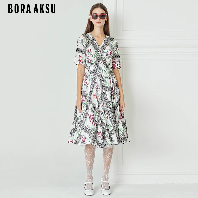 BORAAKSU2023初夏气质甜美田园印花V领连衣裙茶歇裙B1DBW63080