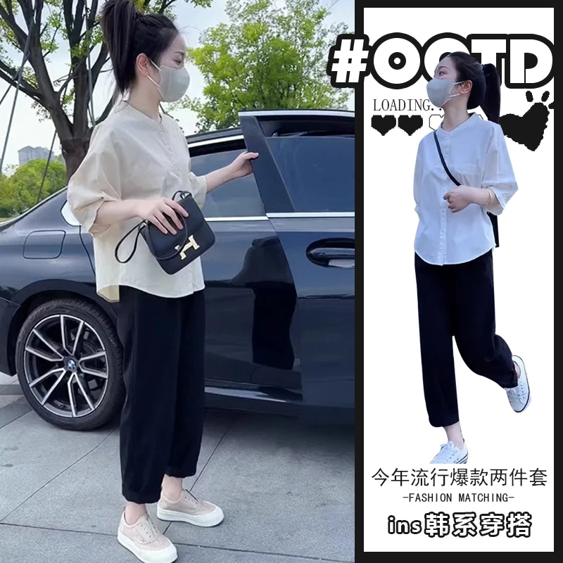 2025春夏韩版宽松气质纯色衬衫+高腰休闲裤设计感别致简约套装潮