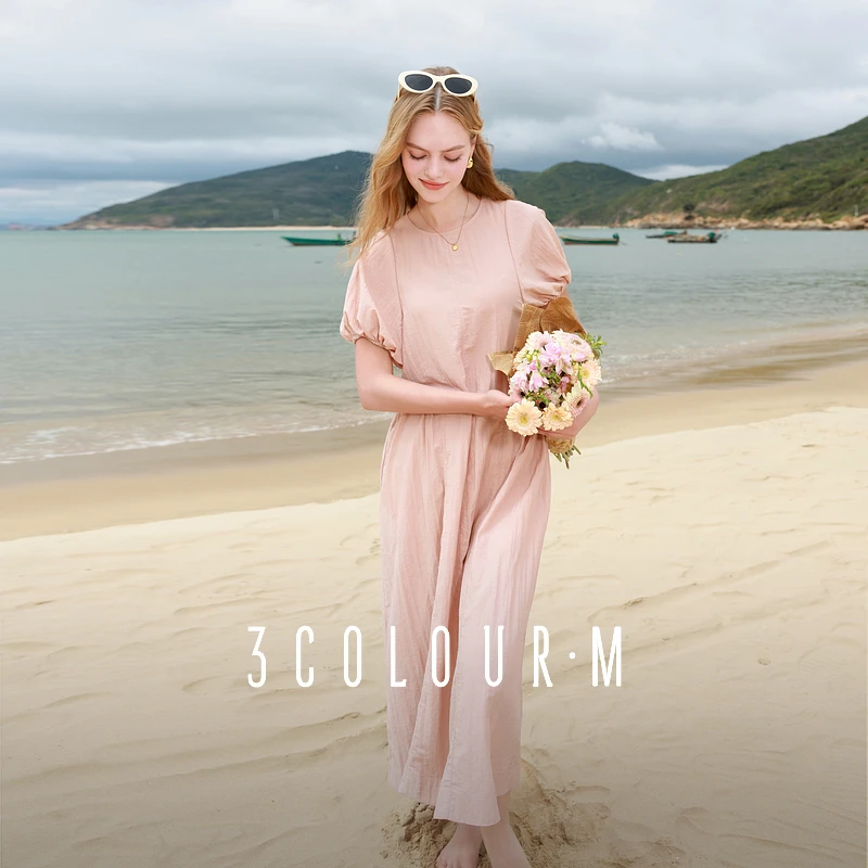 三彩2025夏季新款纯色连衣裙圆领宽松A字裙长裙清新度假M