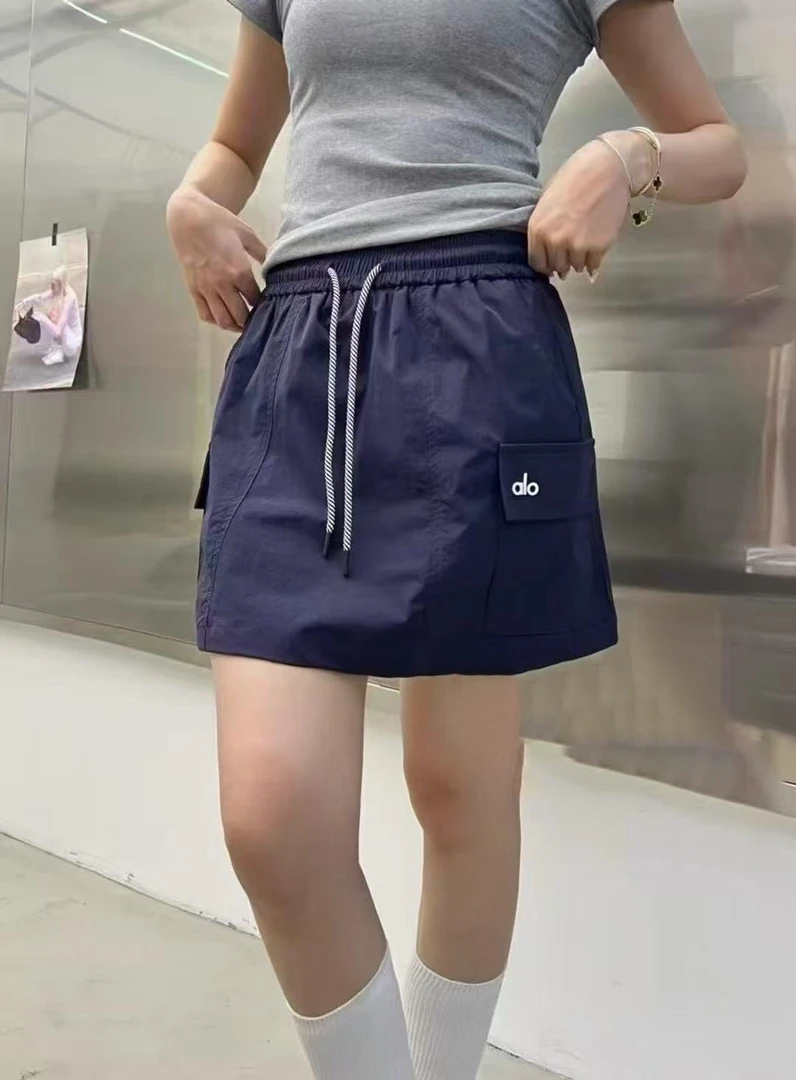 夏季新款抽绳纯色A字宽松速干高腰工装半身短裙2553