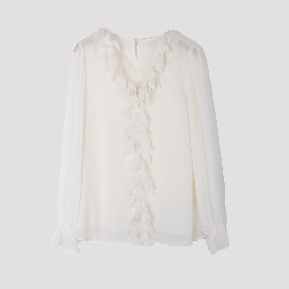 陌妆设计感小众v领纯色剪花上衣秋季百搭女士衬衫木耳边衬衣33206