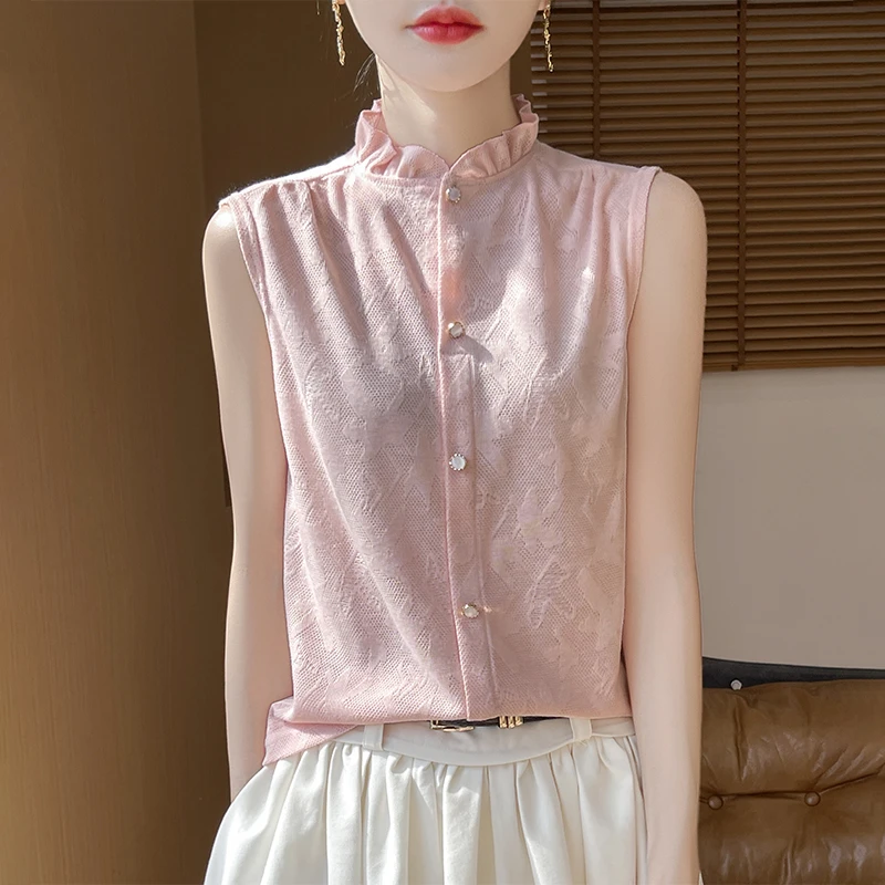 精纺~花边领提花镂空背心木耳领针织外穿打底夏季薄无袖宽松上衣