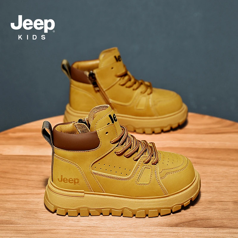 jeep儿童马丁靴男童2025新款冬季加绒工装短靴女童户外防滑大黄靴