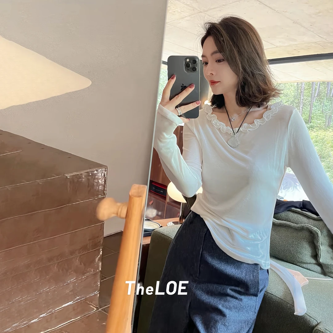 TheLOE/【莱赛尔羊毛秋款打底】宽松木耳领露肩百搭长袖T恤#LE-2536