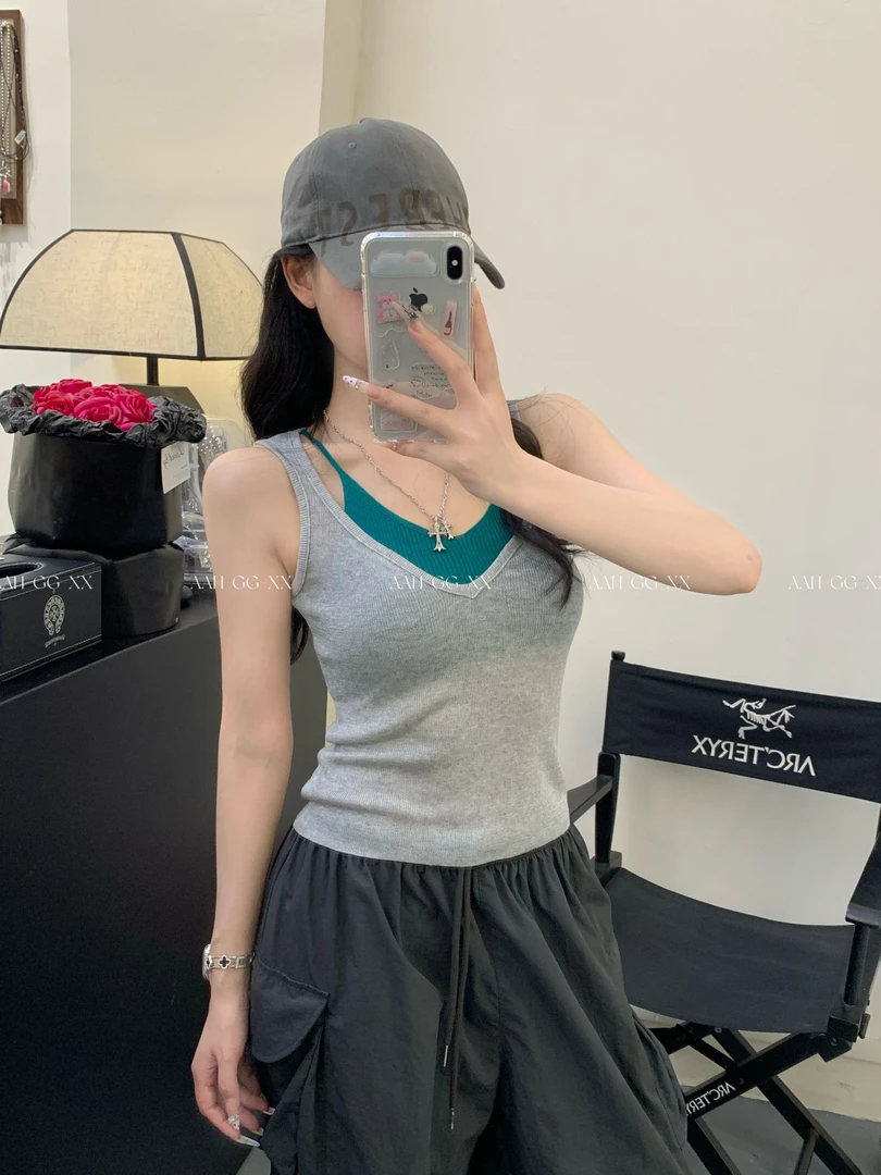 GG【多巴胺穿搭】假两件针织背心吊带夏季新款夏日设计感修身上衣