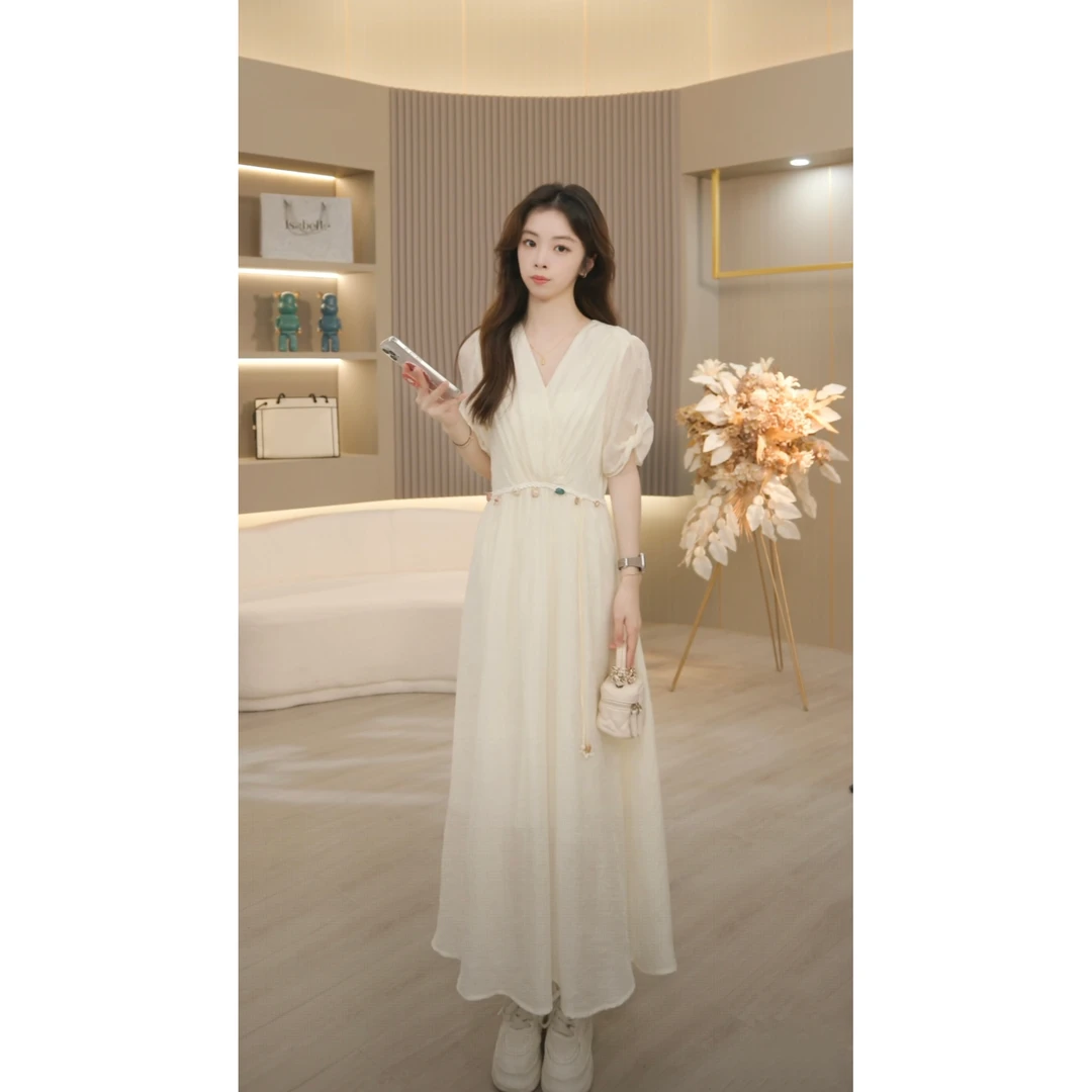 夏季新款高端时尚百搭显瘦V领连衣裙女L1382