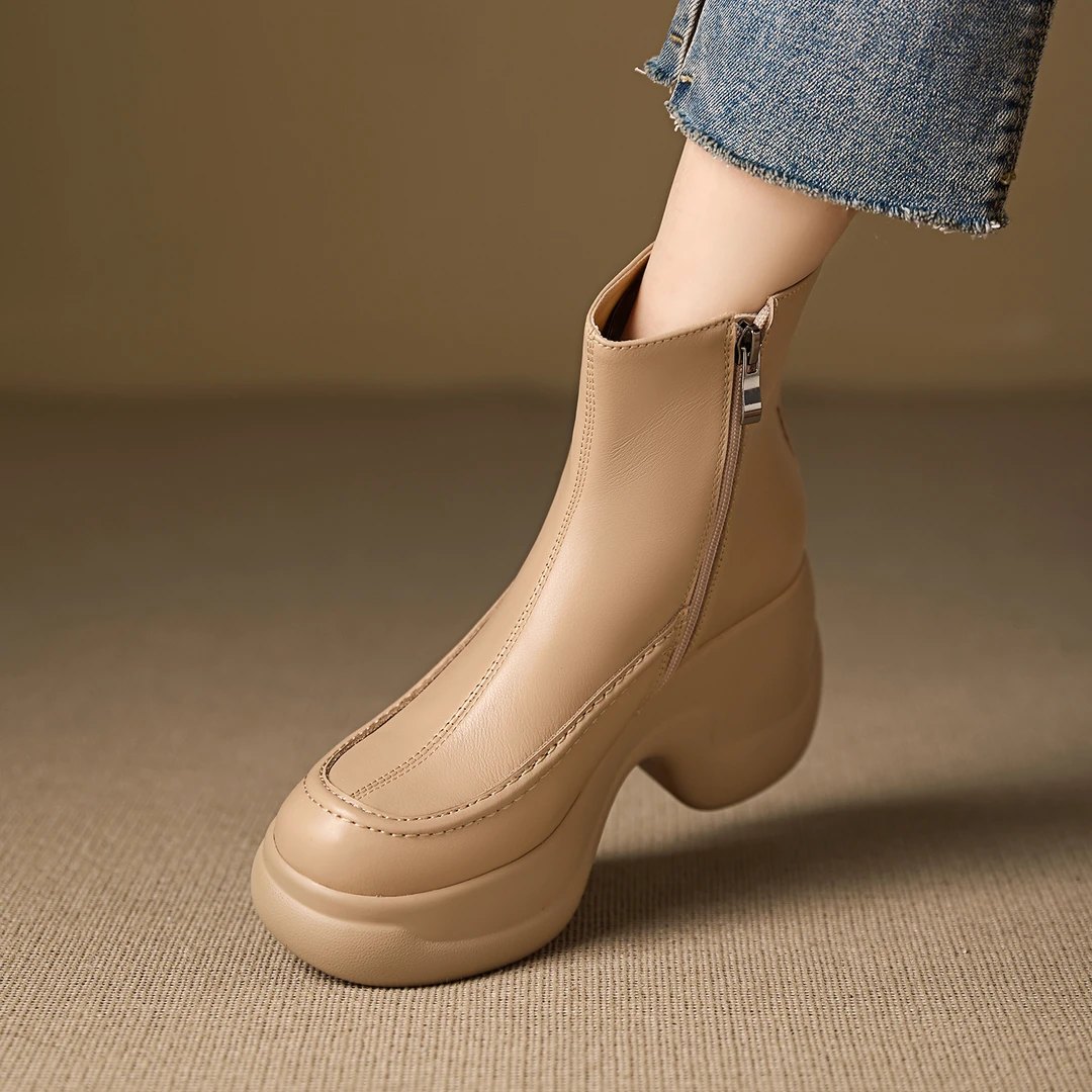 玥小姐女鞋8cm小众设计厚底坡跟短靴杏色切尔西靴真皮高跟马丁靴