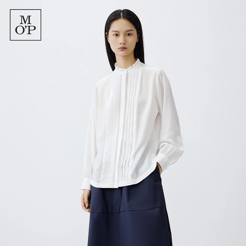 Marc O'Polo/MOP舒适莱赛尔女士木耳边领风琴褶长袖衬衫气质百搭