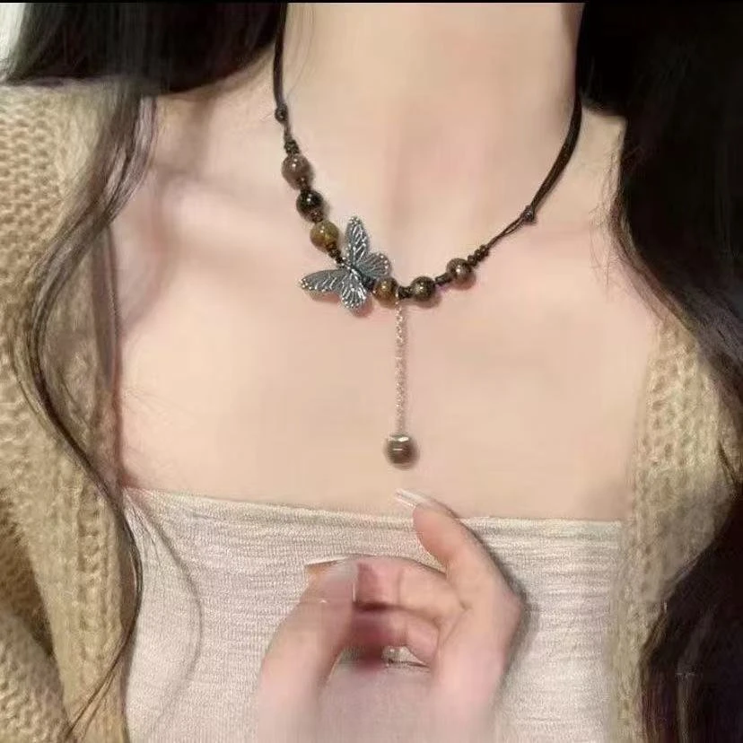 钛钢陶瓷项链 景德镇民族风毛衣陶瓷项链复古中式蝴蝶项链配饰