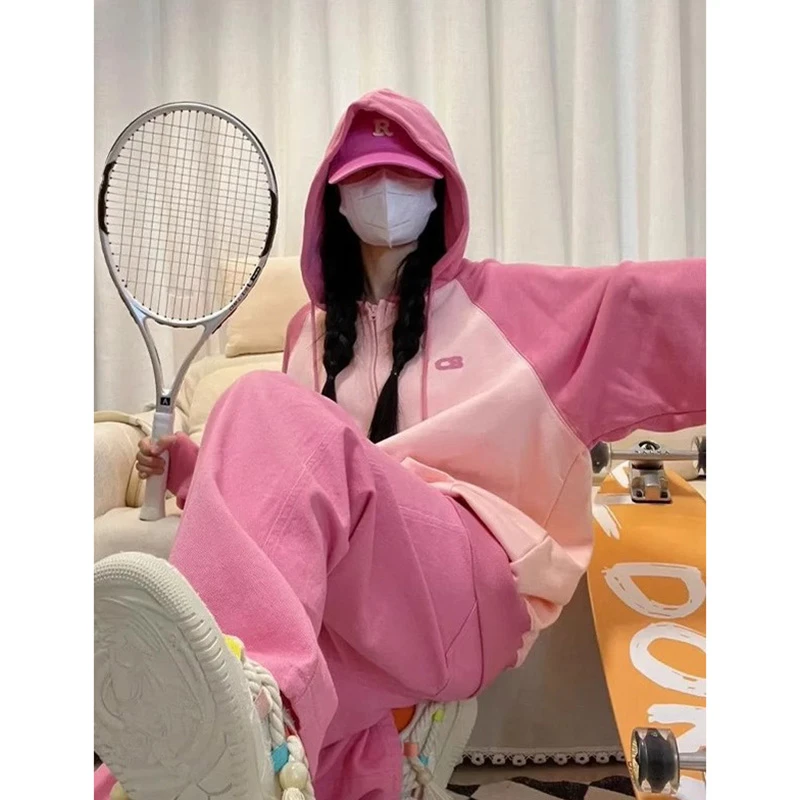 特大码300斤胖mm粉色休闲运动服套装女秋季高级感卫衣卫裤两件套