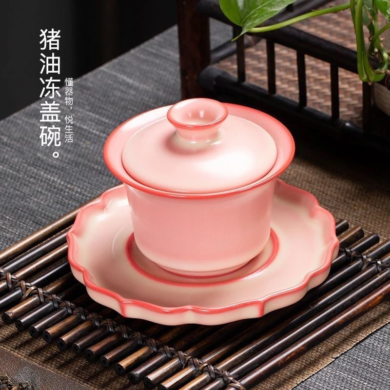 高颜值猪油冻三才盖碗红粉佳人女士泡茶碗单个高档功夫茶具