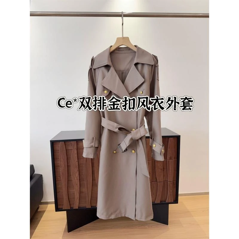 清仓！CE@双排小金扣设计气质腰带风衣女