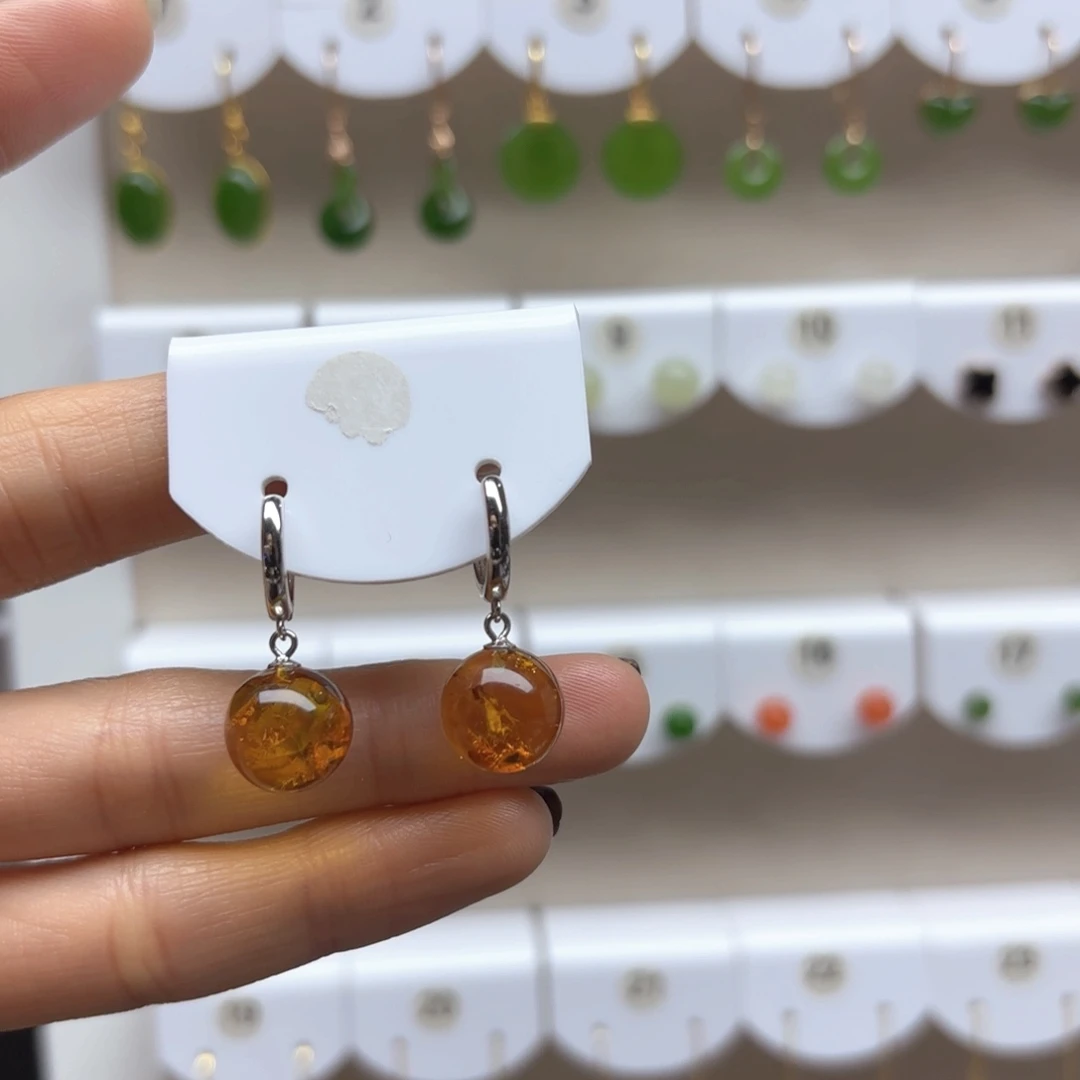 琥珀耳饰银S925镶嵌花珀
