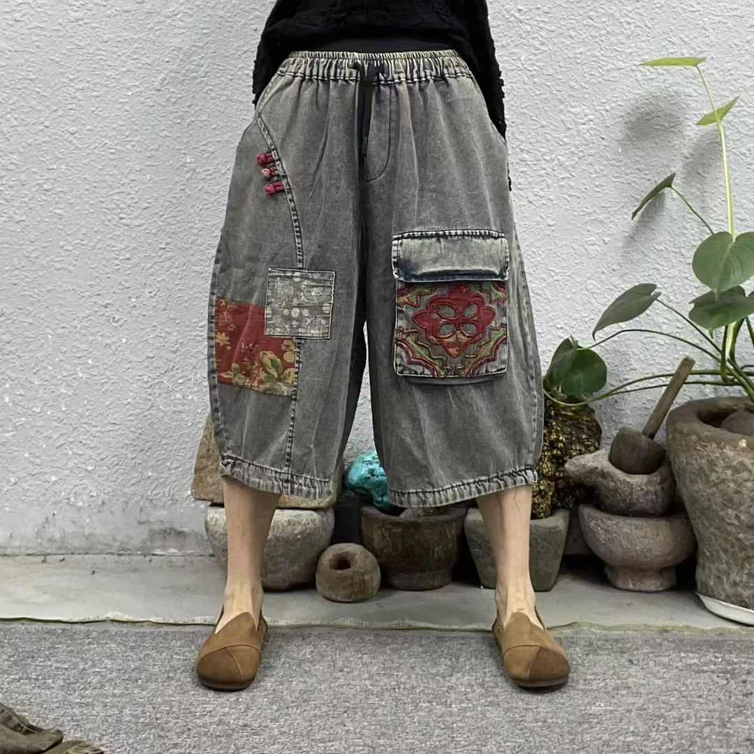 25155左腿拼红菱形口袋右三盘扣炒色牛仔裤（长69臀围128脚口62