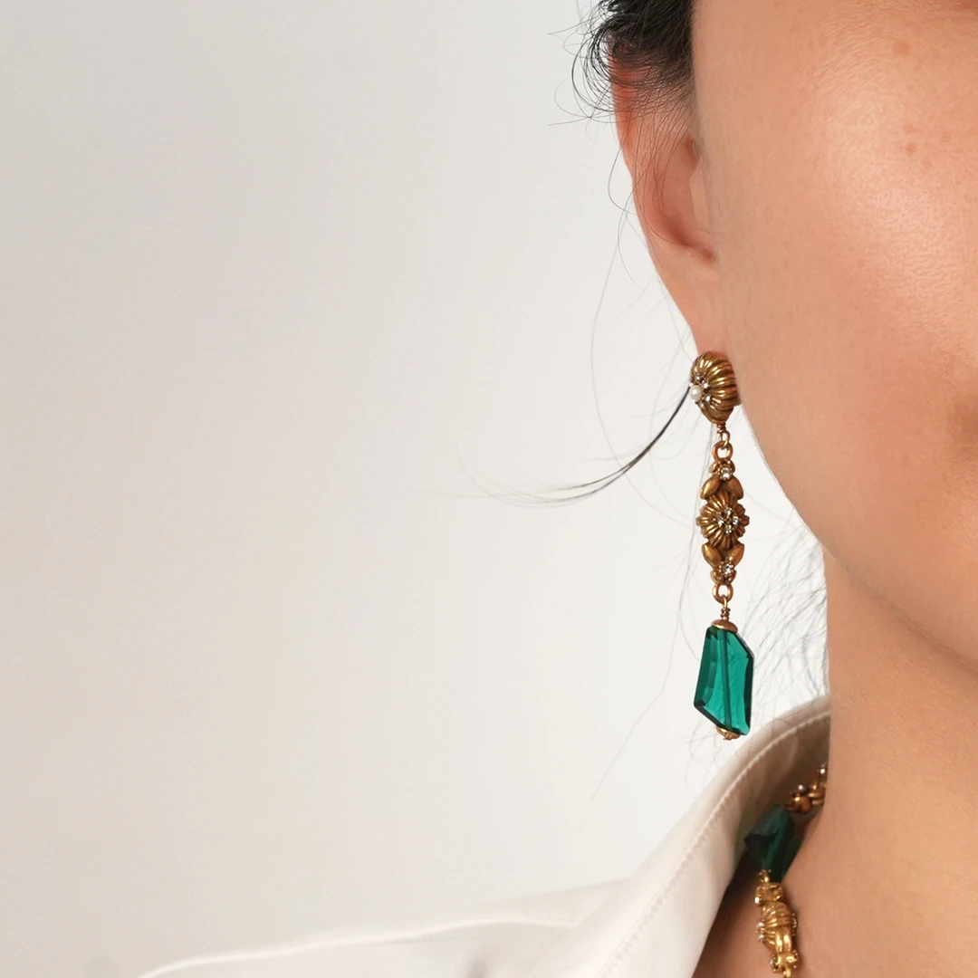 铜合金耳饰 中古Vintage复古宫廷风长款绿色法式耳饰~9562