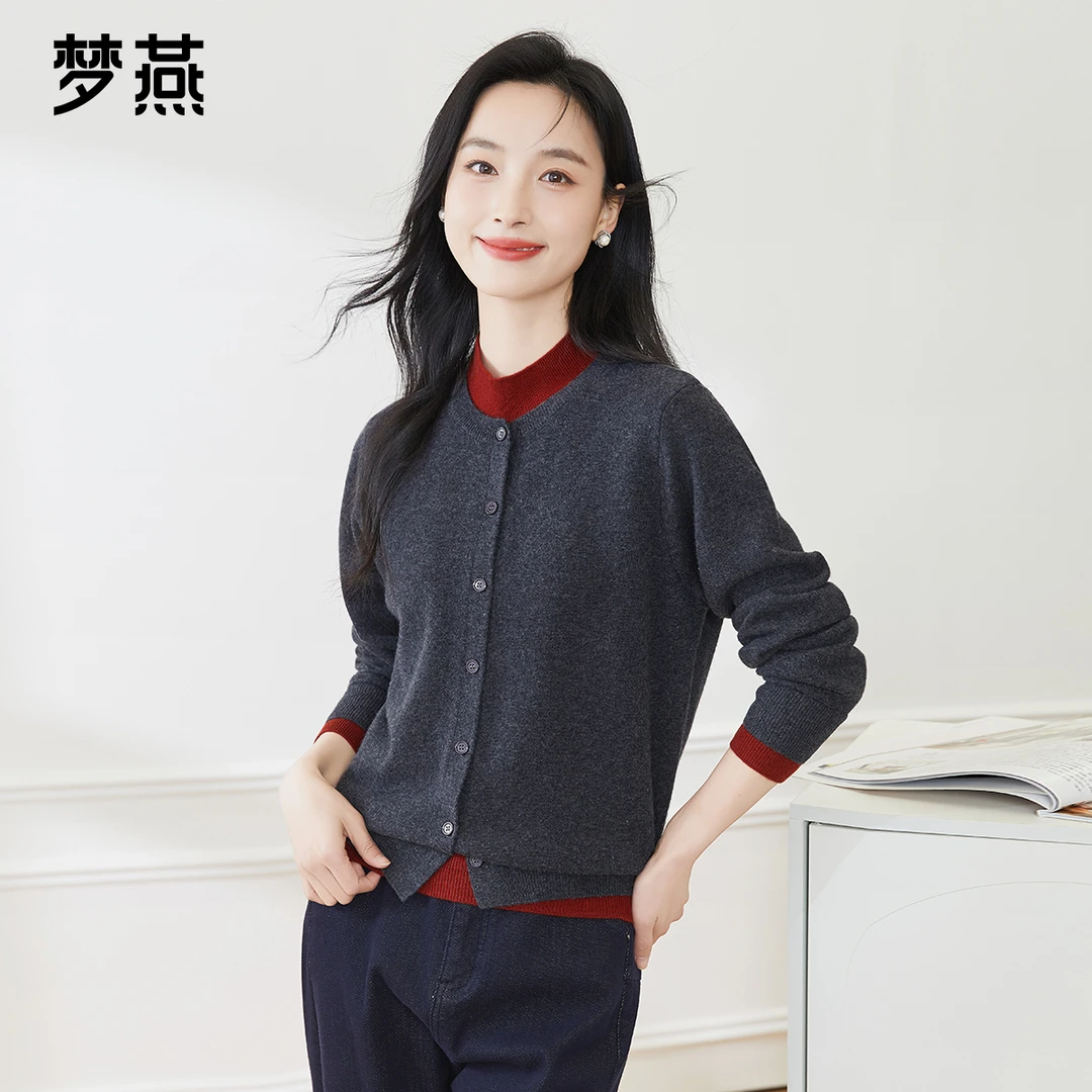 梦燕春秋外搭圆领针织衫拼色纯羊毛衫休闲短款毛针织衫AC13B5001D