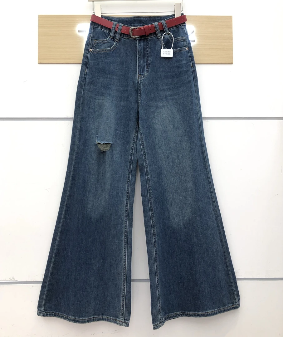 【BayaLi】2025夏季超薄高弹力破洞深蓝色微喇牛仔裤