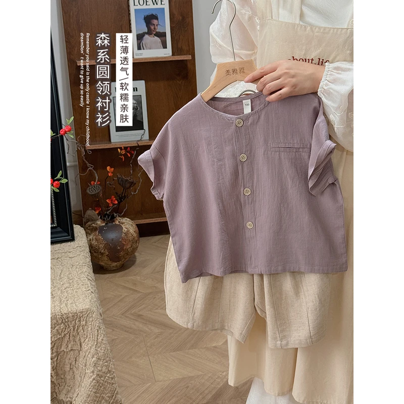 《夏上新》文艺~森系儿童圆领短袖衬衫LZ258男女童轻薄夏装半袖T