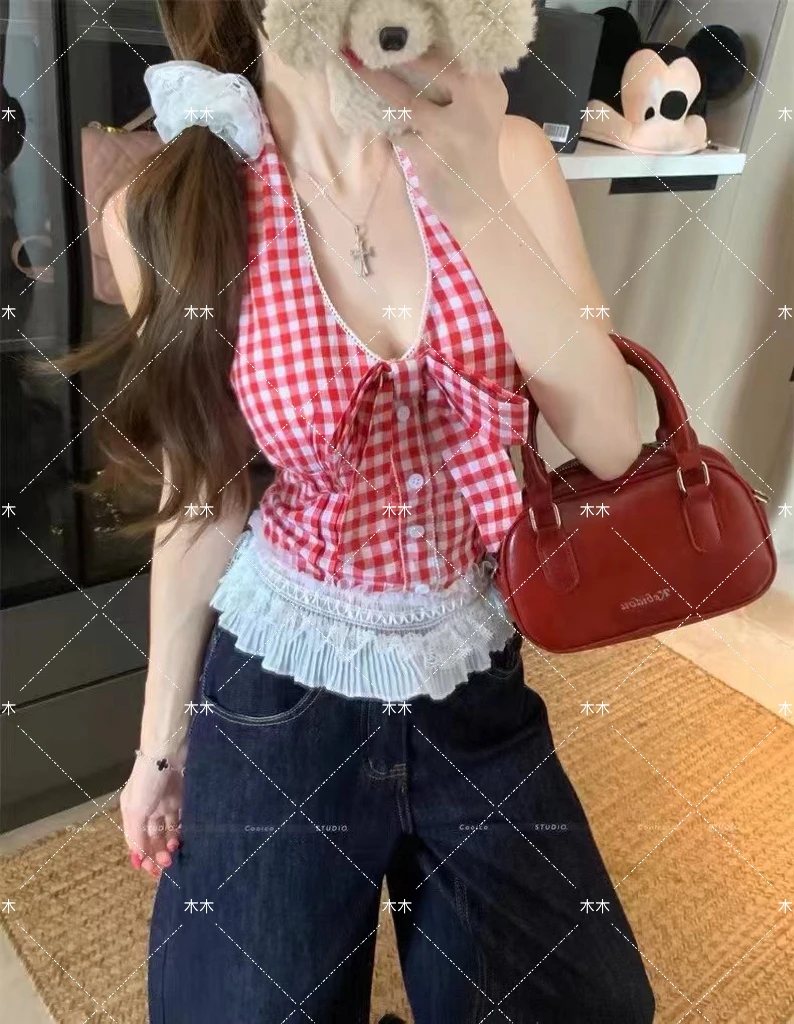 MuMu  韩系高级可爱甜美百搭蝴蝶结挂脖吊带