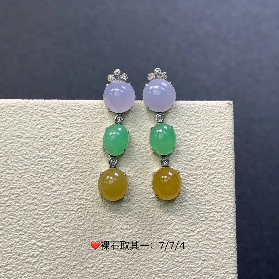 新品推荐·18K金冰粉紫甜阳绿黄翡蛋面蛋面缅A翡翠玉石耳饰耳钉款