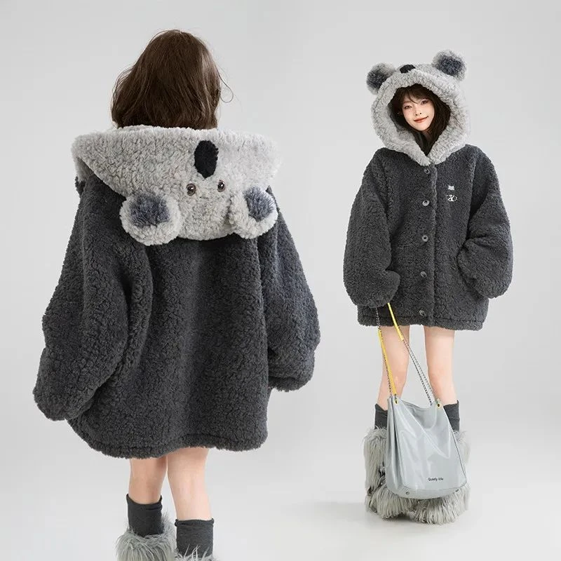 胖mm设计感外穿连帽外套秋冬大码300斤宽松保暖毛绒棉服大衣ins潮