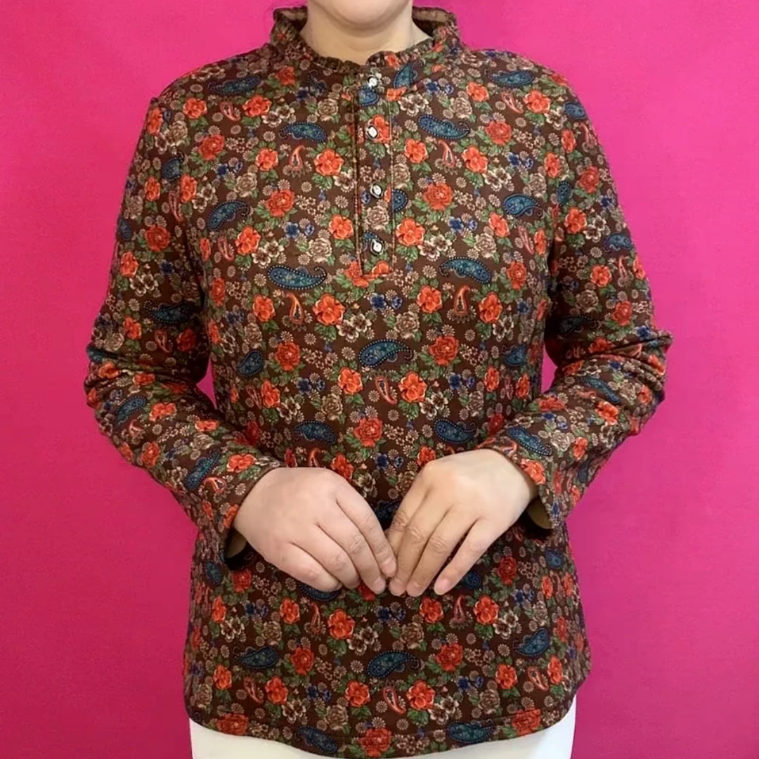 冬季中老年妈妈装半高领加绒加厚大码保暖时尚碎花长袖打底衫