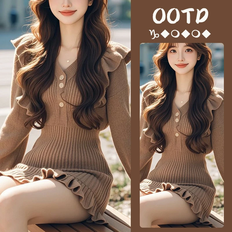 流行时尚女装一整套2025年早春新款韩系设计感气质显瘦针织连衣裙