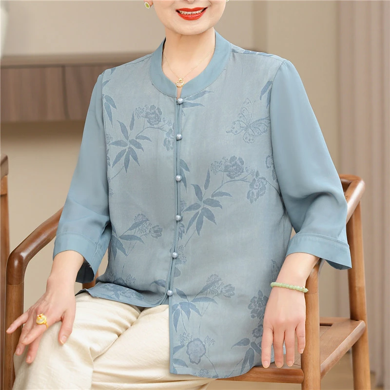 母亲节妈妈夏装时尚上衣2025新款中老年女春夏季休闲中袖衬衫套装