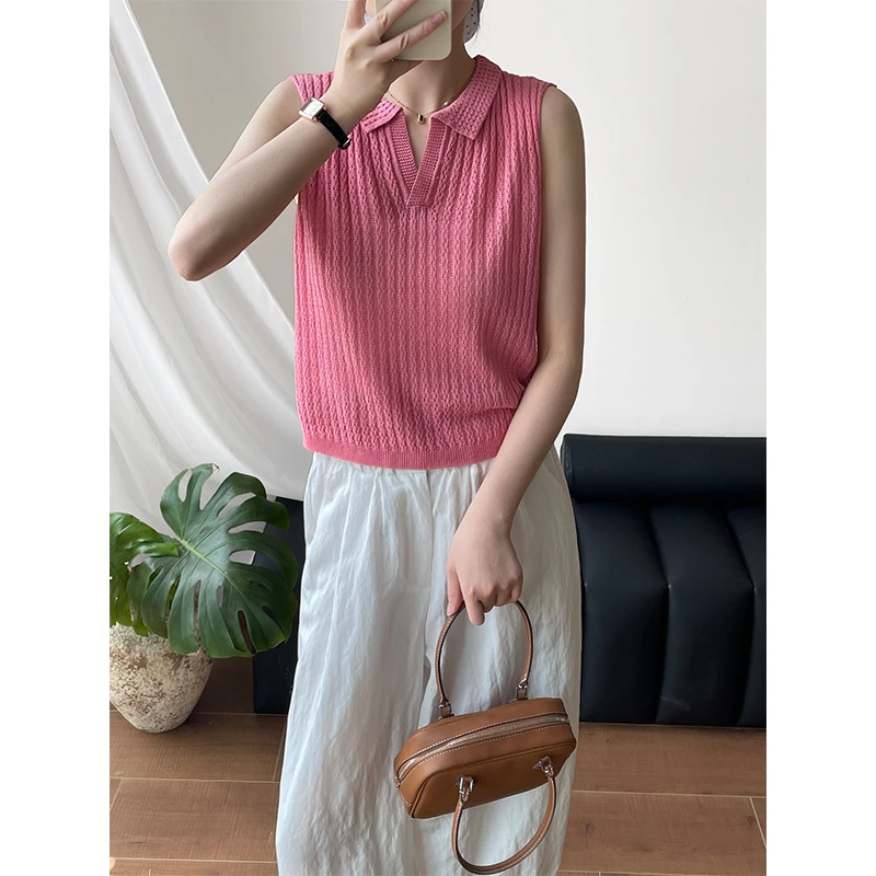 滔川韩系天丝亚麻气质翻领镂空针织背心女无袖减龄上衣针织衫薄款
