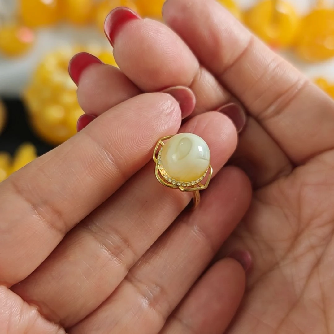 银S925镀金镶嵌蜜蜡戒指